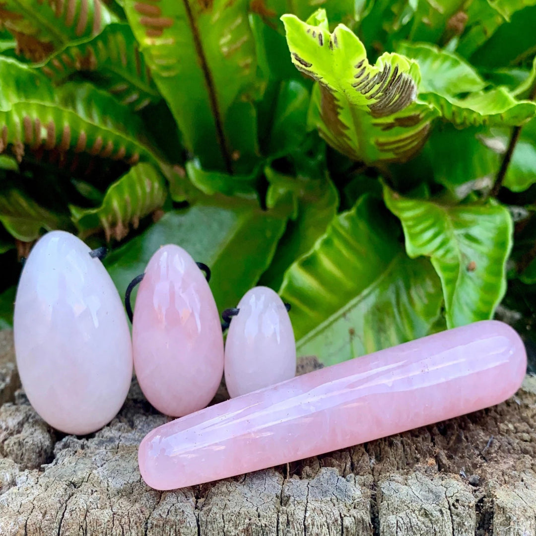 Rose Quartz Yoni Egg trio and Yoni dildo